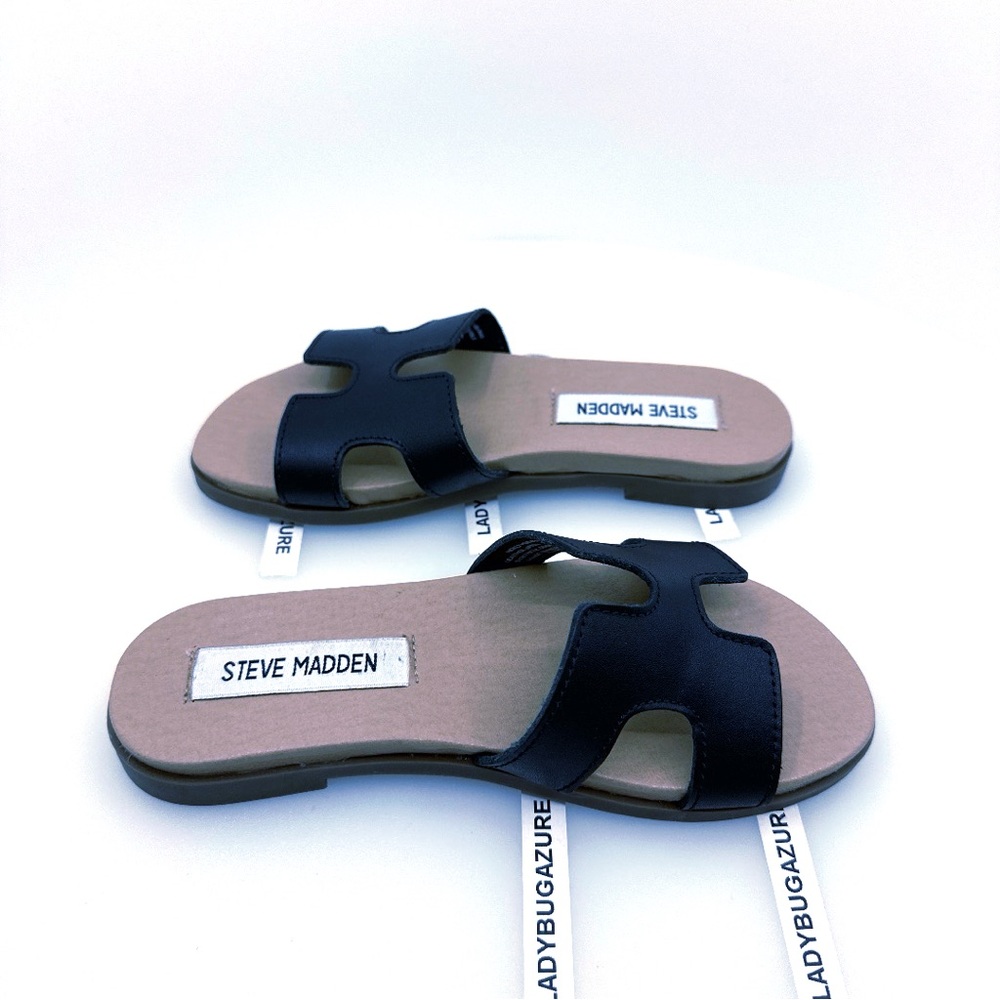 NWOB Steve Madden Black Leather Slide Sandals Size 4 - Picture 6 of 10